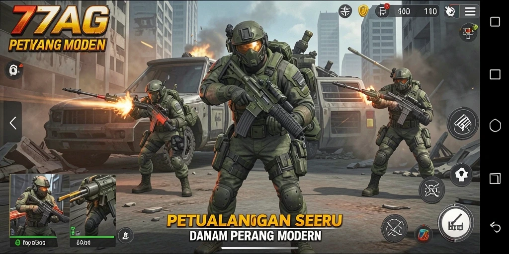 Screenshot utama menampilkan aksi intens dalam gameplay TPS.