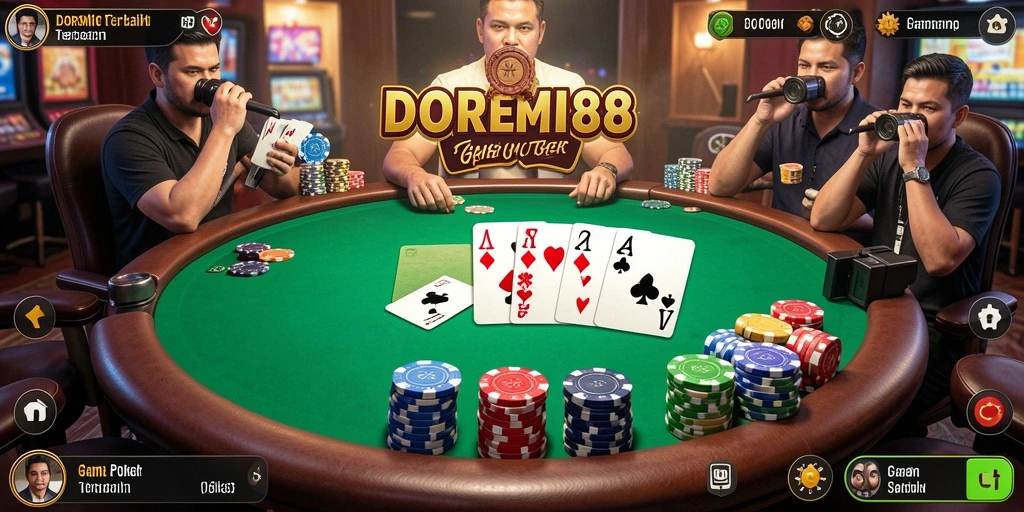 Tampilan gameplay menegangkan dari DOREMI88 dengan pemain poker yang bertanding.
