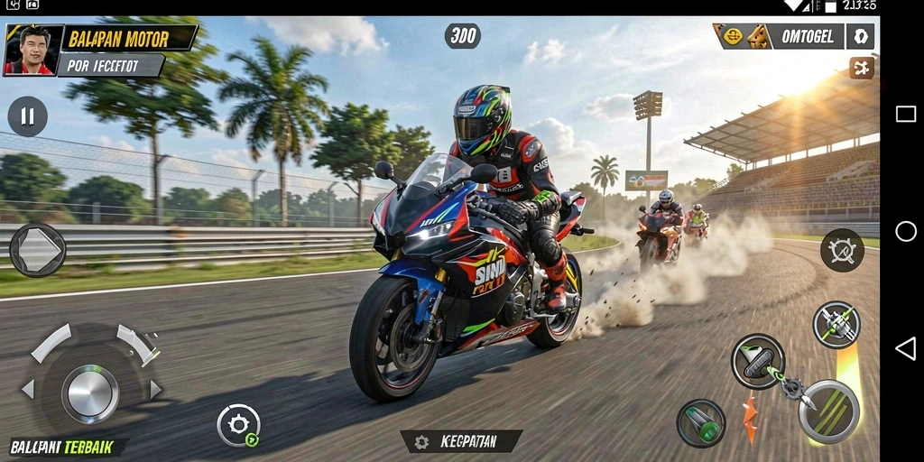 Screenshot menunjukkan aksi seru balapan motor di trek yang menantang.
