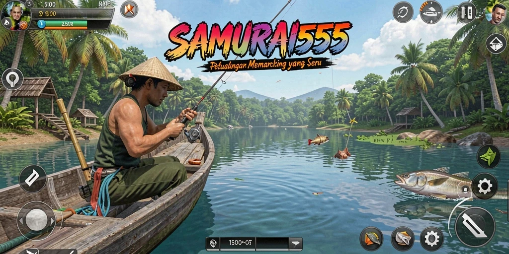 Tampilan gameplay <strong>SAMURAI555</strong> dengan suasana memancing yang menenangkan.